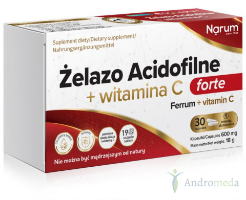 Narum Żelazo Acidofilne + witamina C 600 mg, 30 kapsułek